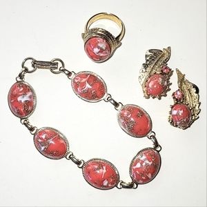 VINTAGE DINOSAUR EGG ORANGE & WHITE MARBLED DEMI-PARURE SET